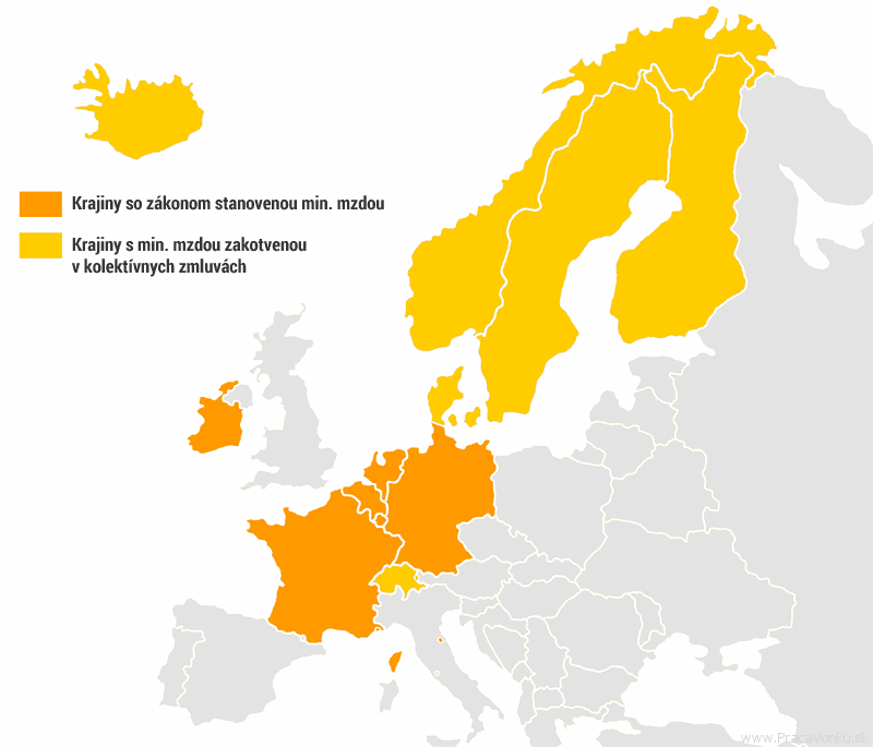 Mapa európskych krajín s min. mzdou nad 1500 eur